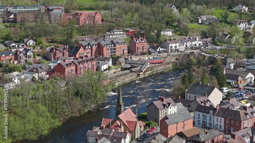 Overhead perspective of the urban centre of Llangollen and the River Dee in North Wales