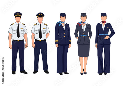 Silhouette vector illustration of professional airline flight crew uniforms, pilot and stewardess attire