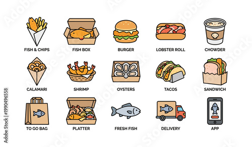 Seafood and takeaway food icons arranged in a grid on white background