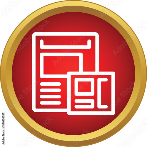 Newspaper and magazine layout icons displaying current events and articles in a red circle