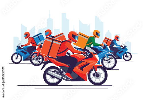 Vector illustration of delivery riders on motorcycles with insulated bags, representing food delivery services and urban logistics
