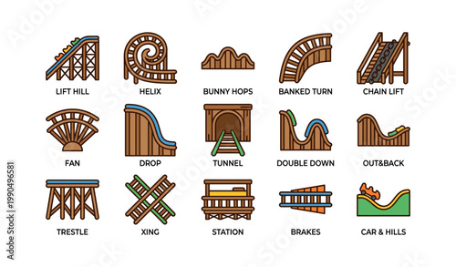 Roller coaster parts illustrated as labeled icons on white background