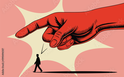 Overwhelming power a giant hand threatens a small figure in a stark illustration