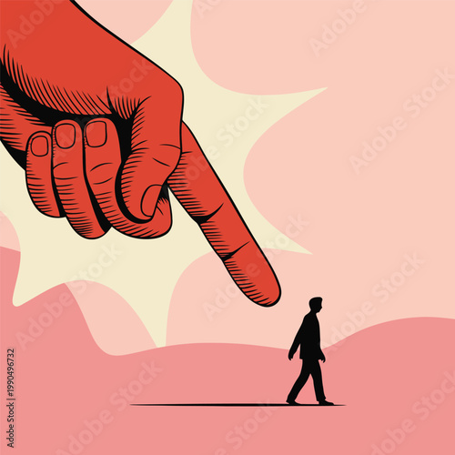 Overbearing authority a giant hand points at a small silhouette walking away