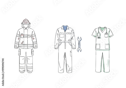 Vector silhouette illustrations of work uniforms including firefighter, mechanic, and medical scrubs