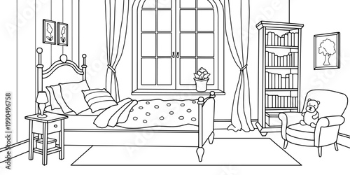 Children room graphic black white home interior sketch illustration vector 