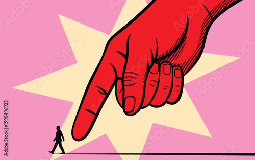 Giant red hand pointing at a tiny human figure on a flat landscape