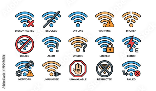 Wifi icons showing various connection statuses on white background