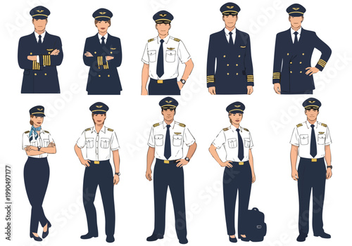 Set of pilot uniforms, vector silhouettes for graphic design and aviation themes