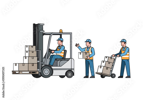 Warehouse workers with forklift and trolley, vector illustration