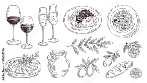 An elegant sketch featuring wine glasses pasta cheese and fresh botanical elements