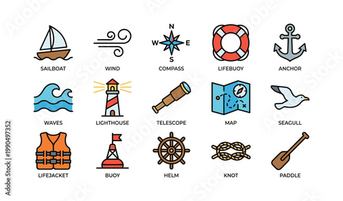 Nautical and maritime icons arranged in grid on white background