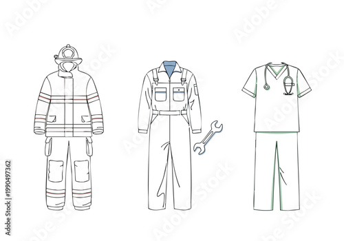 Firefighter uniform, mechanic overalls with wrench, and medical scrubs silhouette vector illustration
