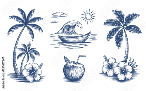 Vintage tropical illustration featuring palms waves a boat and floral elements