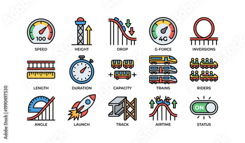 Roller coaster metrics and ride icons arranged on white background