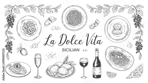 A vintage italian still life with pasta wine and fresh produce