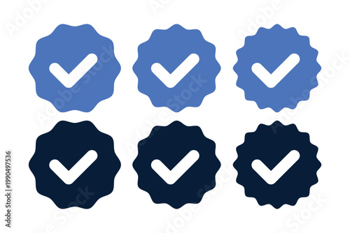 Blue tick verified social media account icons. approved profile sign. black, gold and blue tick in circles and rounded corner star. vector illustration on transparent png background.