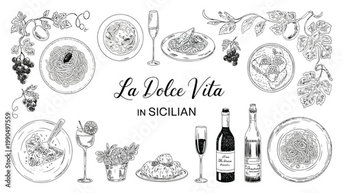 A detailed sketch of italian cuisine with wine and plate arrangements