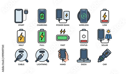 Mobile charging and battery icons showing connectors and docks