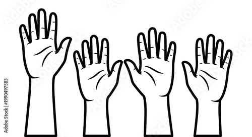 Raised Hands Group Vector Illustration, Diverse People Voting or Participating, Minimalist Line Art Graphic for Social Awareness and Community Engagement Concepts