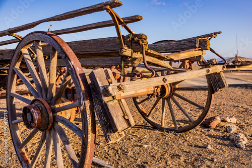 Vintage ox wagon abandoned in arid desert