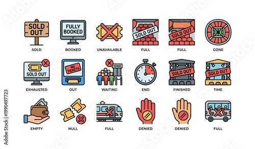 Sold out and ticket status icons arranged on white background