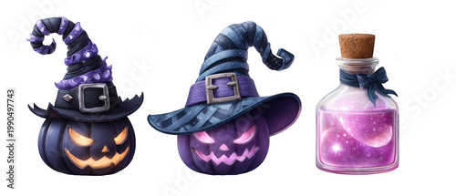 Three whimsical Halloween-themed items featuring spooky pumpkins, witch hats, and a potion bottle