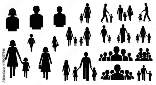 Collection of Diverse Family Silhouettes and Group Icons.