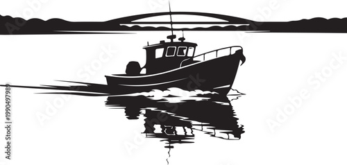 Black boat silhouette, fishing vessel icon, watercraft illustration, nautical graphic