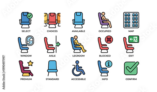 Airplane seat icons showing selection options and seat types