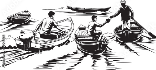 Black and white illustration, vintage boats, fishermen at sea, nautical scene, vector graphics