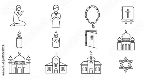 Collection of Religious Symbols and Figures Hand Drawn Sketch Style.