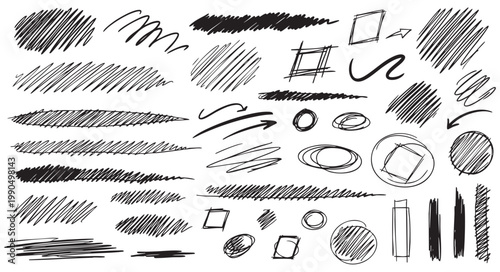 Hand drawn ink scribbles, pencil strokes and doodle shapes set