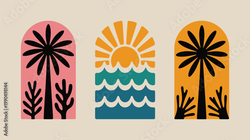 Minimalist botanical illustration featuring palm trees sun and ocean waves