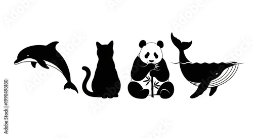 Collection of Four Stylized Black Animal Silhouettes.