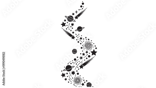 Sinuous trail of celestial bodies including stars and planets flows across the frame in a decorative graphic composition.