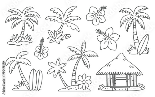 Tropical paradise palm trees flowers surfboards and a beach hut illustration