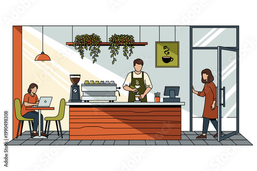 Modern coffee shop interior showcasing a barista skillfully preparing beverages for patrons, one customer engaged with a laptop, and another arriving, capturing a bustling cafe scene