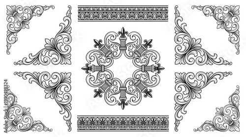 ornate border elements and corner decorations in cad style vector graphics for design projects