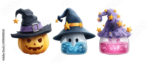 Three whimsical Halloween-themed potion bottles with witch hats, set against a transparent background