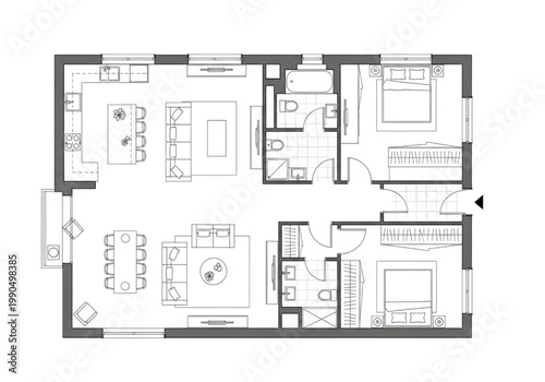 Professional CAD floor plan illustration of a modern apartment layout with bedrooms and living areas