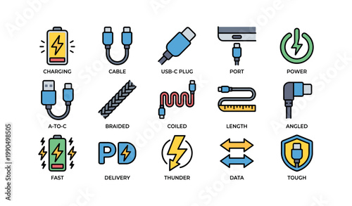 Usb and charging cable icons showing features and specs on white