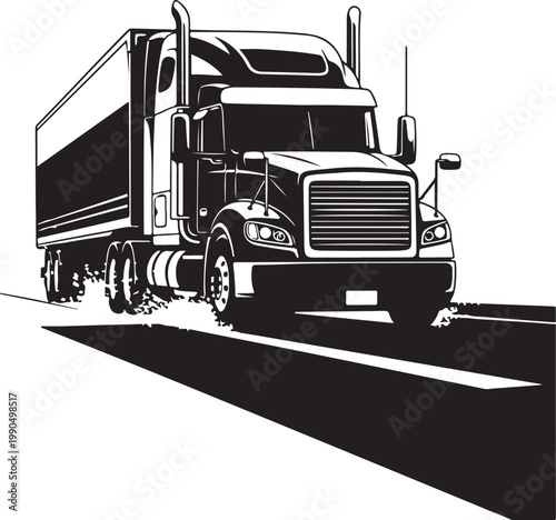 Semi Truck, Truck Vector, Black Semi-Truck, Freight Transport Illustration, Road Transport