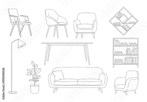 CAD design of furniture and interior elements, including chairs, sofa, table, bookshelf, and lamp, with a potted plant