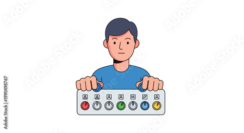 Young Man Operating Sound Mixer Console with Colorful Dials and Buttons for Music Production and Audio Mixing Engineering in a Recording Studio