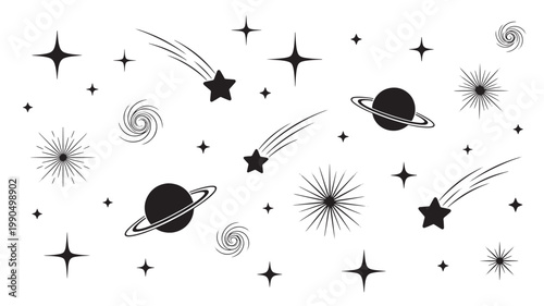 Starry sky composition showcases various radiant stars alongside orbiting planets and distant galaxies in a clean graphic layout.