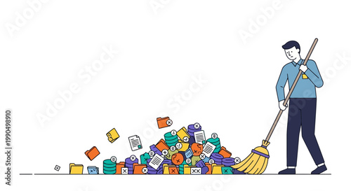 Man sweeping colorful blocks and cubes with broom in modern minimalist style on white background, representing organization and cleaning
