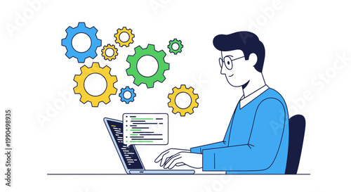 Young man sitting at desk working on laptop with coding on screen and colorful gear icons floating above representing creative problem solving and innovation in programming