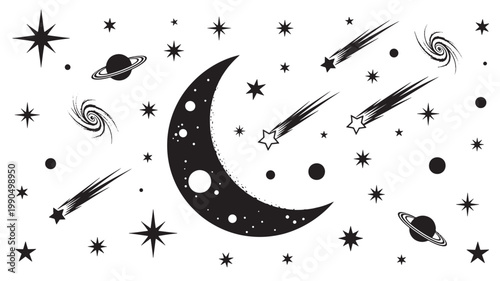 Crescent moon centerpiece dominates a collection of scattered stars and planetary rings in this minimalist space themed graphic.