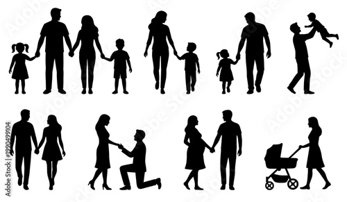 Family silhouettes set with parents and children.